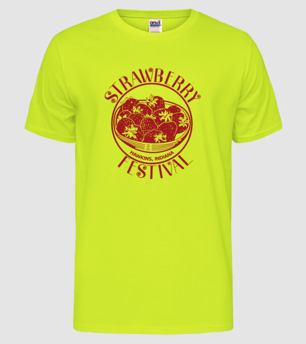 strawberry festival stranger things model galben neon pe tricou