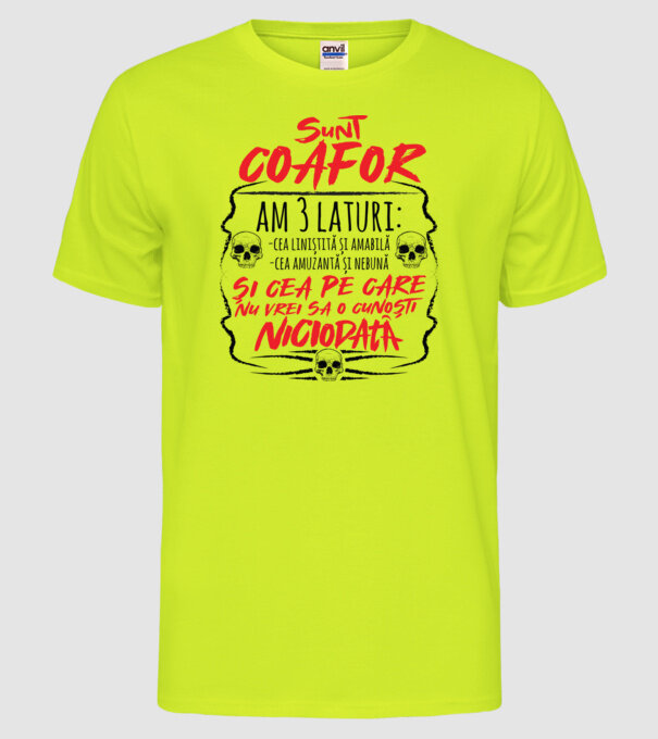 sunt coafor am 3 laturi model galben neon pe tricou