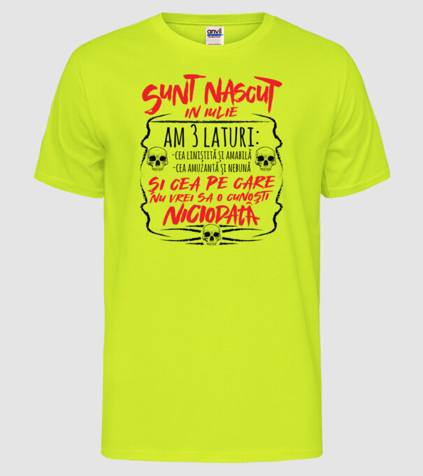 Sunt născut în iulie, am 3 laturi: model galben neon pe tricou