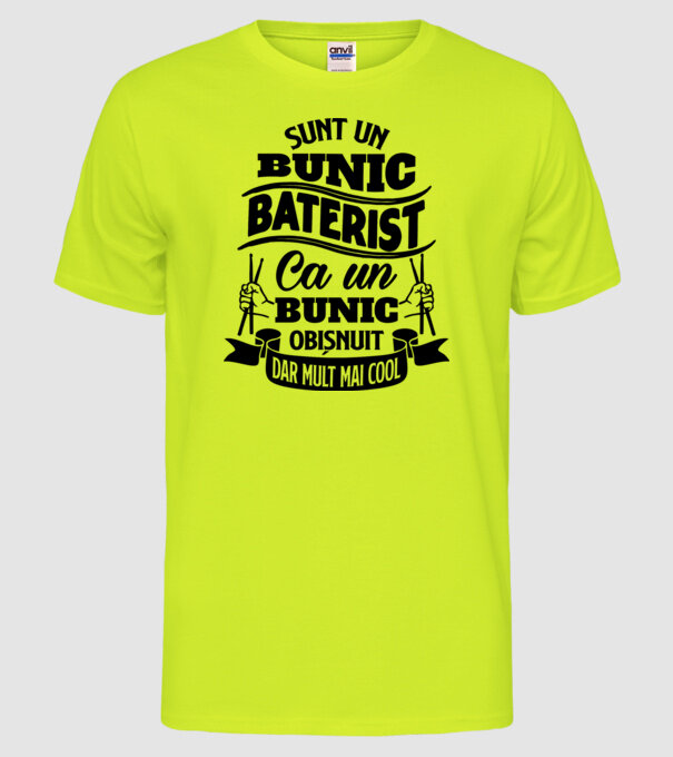 Sunt un bunic baterist, ca un bunic obișnuit, dar mult mai cool model galben neon pe tricou