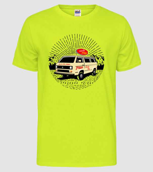surfer boy pizza bus stranger things model galben neon pe tricou