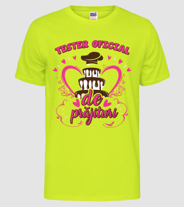 tester oficial de prăjituri model galben neon pe tricou