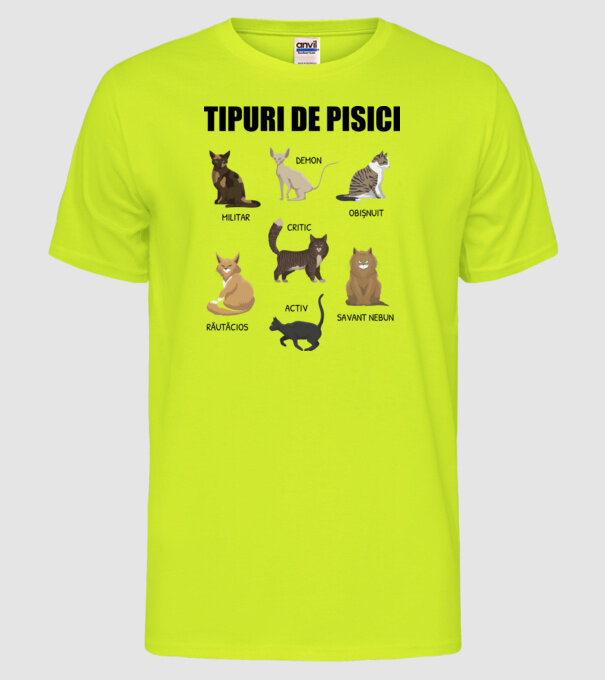 Tipuri de pisici model galben neon pe tricou