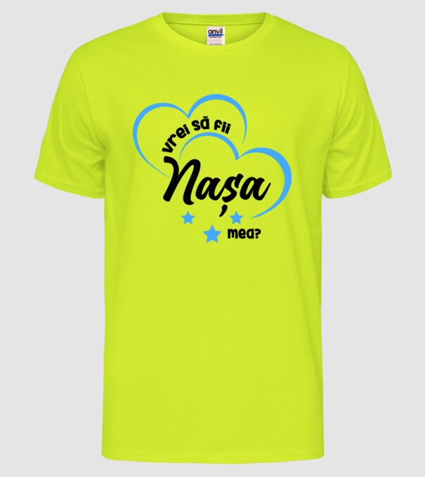 Vrei să fii nașa mea? model galben neon pe tricou