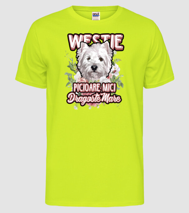 Westie picioare mici dragoste mare model galben neon pe tricou