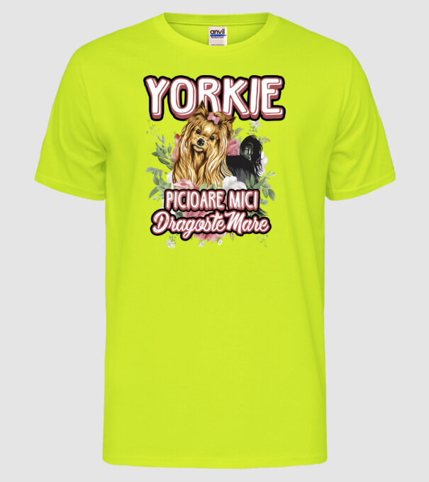 Yorkie - picioare mici dragoste mare model galben neon pe tricou