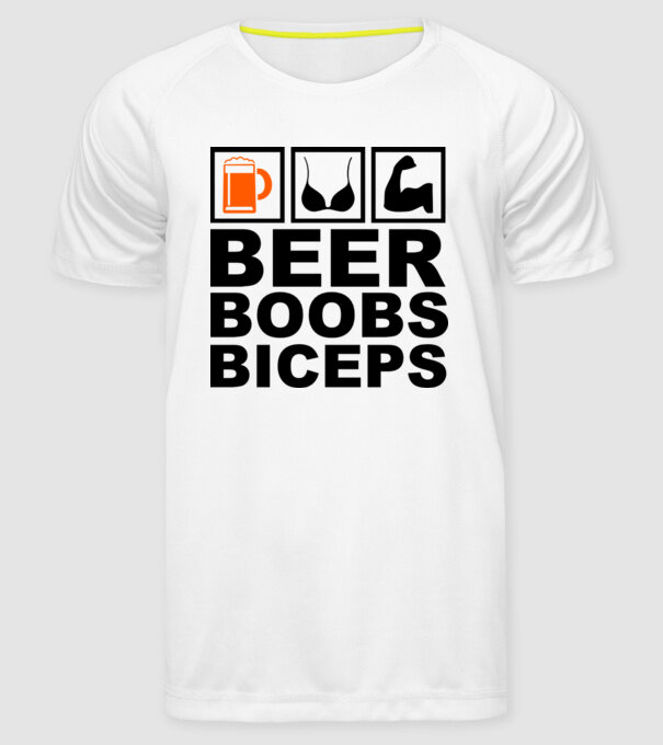 Beer Boobs Biceps model alb pe tricou