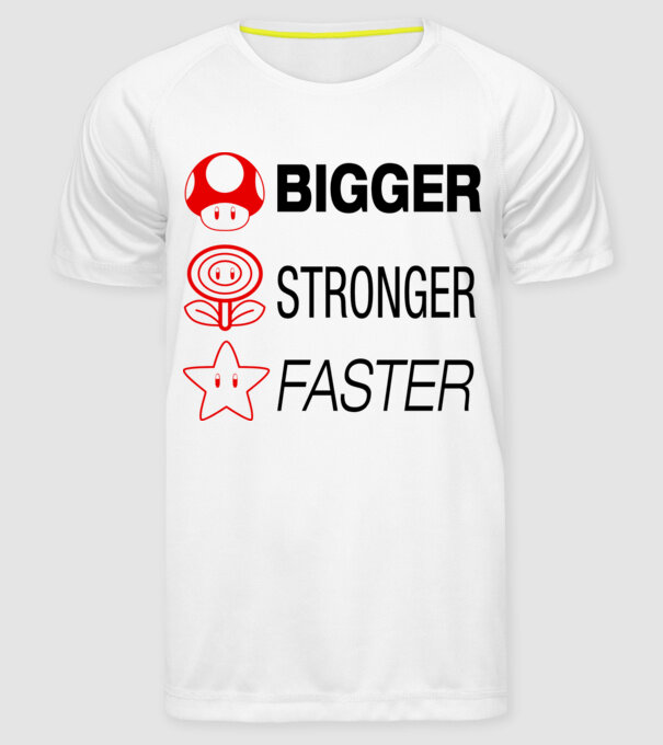 bigger stronger faster model alb pe tricou