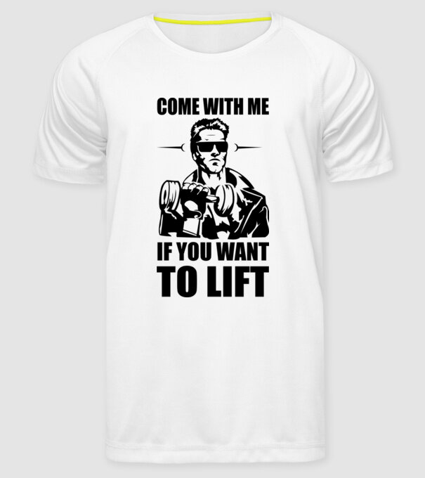 come with me arnold model alb pe tricou