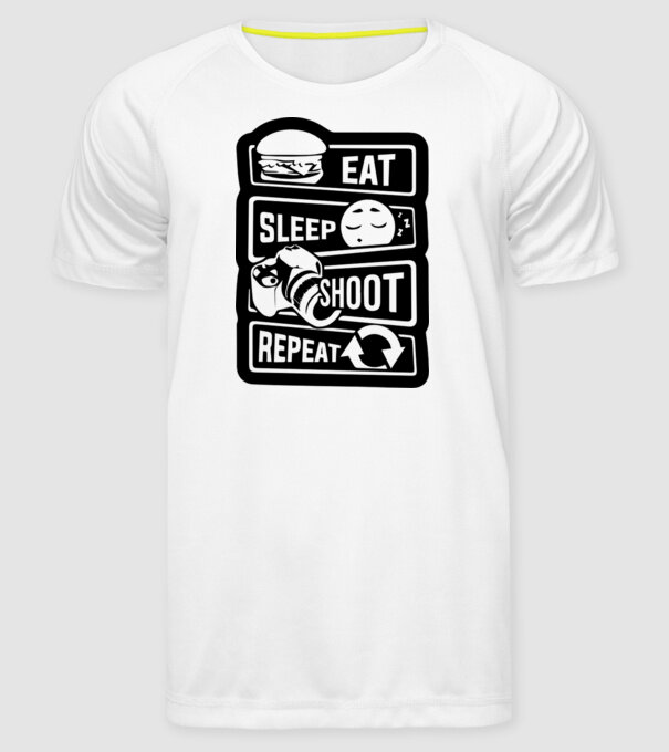 eat sleep shoot repeat model alb pe tricou