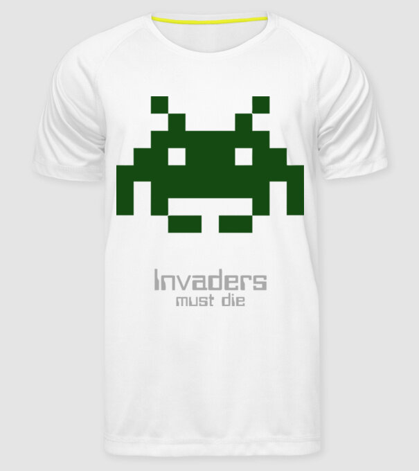 Invaders Must Die model alb pe tricou