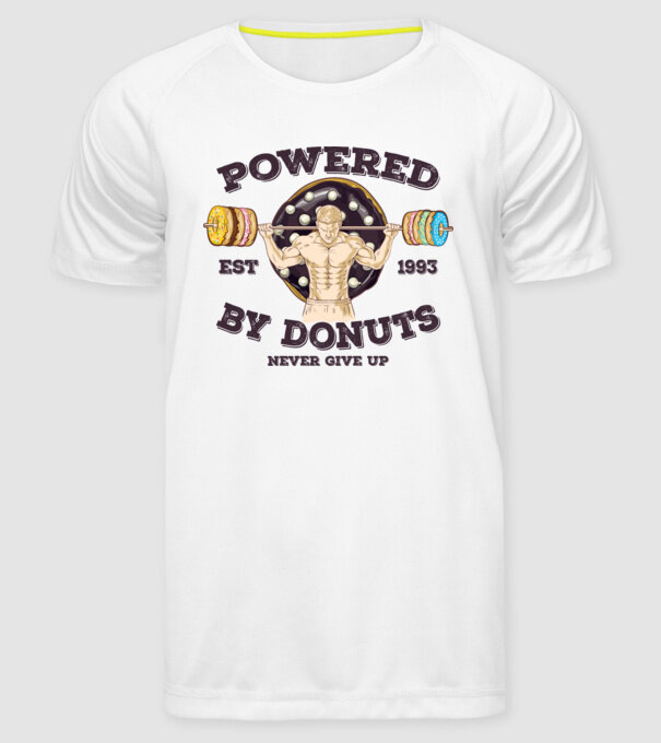 Powered by donuts model alb pe tricou