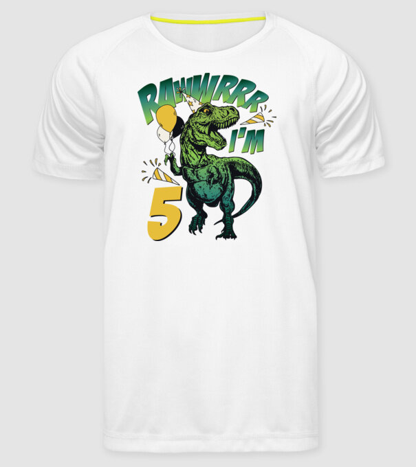 'Birthday Dinosaur rawww i''m 5' model alb pe tricou