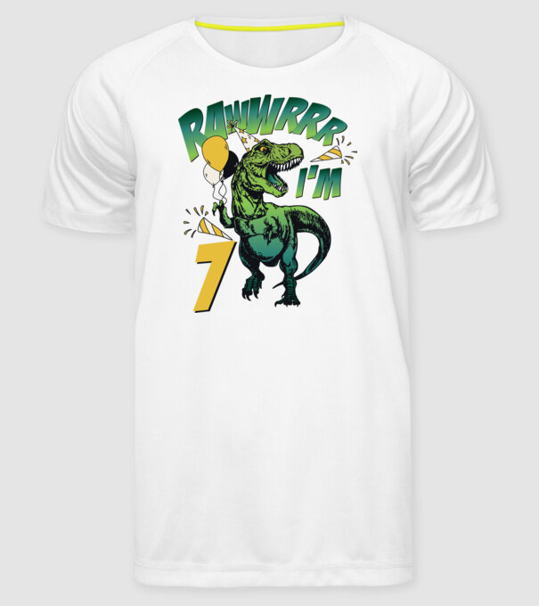 'Birthday Dinosaur rawww i''m 7' model alb pe tricou