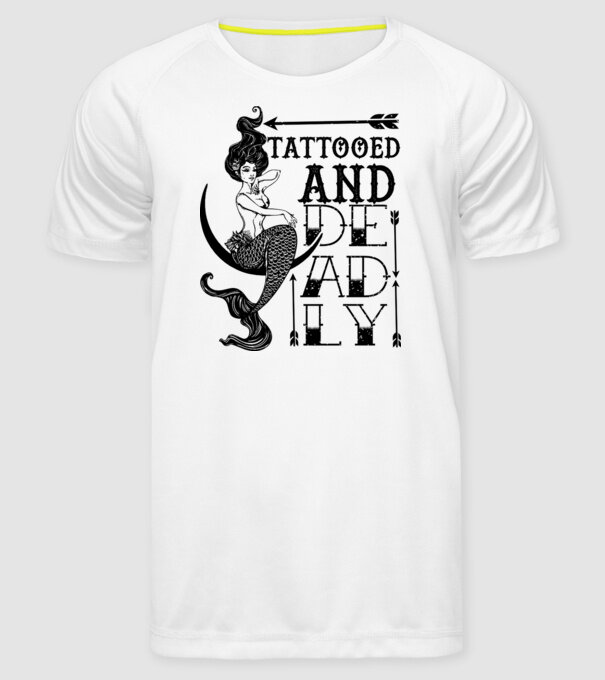 Tattooed and deadly mermaid model alb pe tricou
