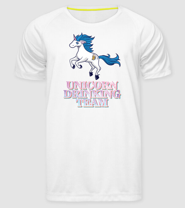 Unicorn drinking team model alb pe tricou