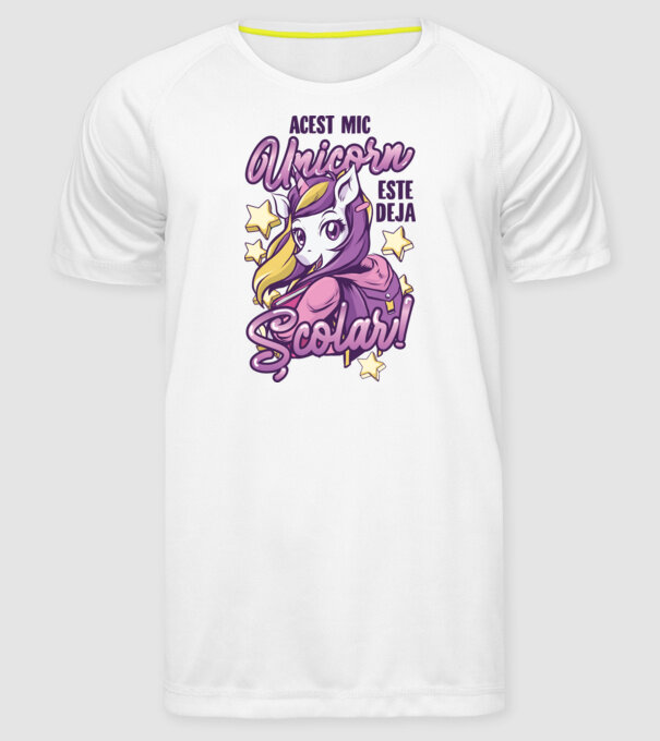 Acest mic unicorn este deja școlar model alb pe tricou