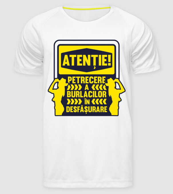 atenție, petrecere a burlacilor în desfășurare model alb pe tricou