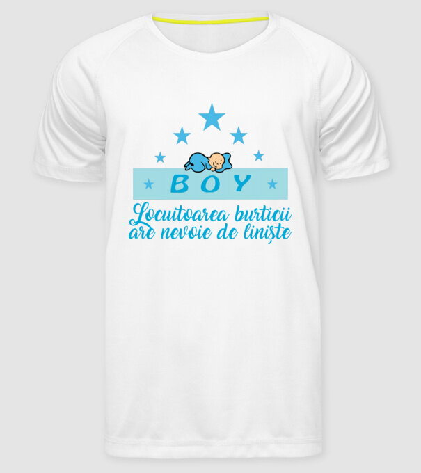 BOY- Locuitorul burticii are nevoie liniște model alb pe tricou