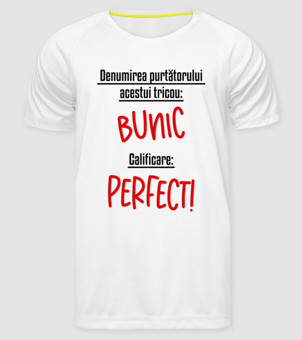 Denumirea purtătorului acestui tricou: bunic! Calificare: Perfect! model alb pe tricou
