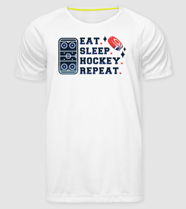 Eat Sleep Hockey Repeat model alb pe tricou