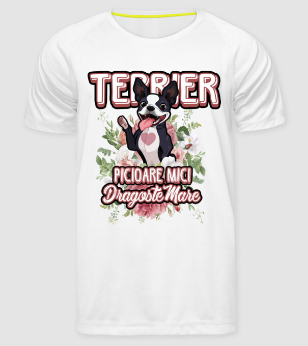 terrier : picioare mici dragoste mare model alb pe tricou