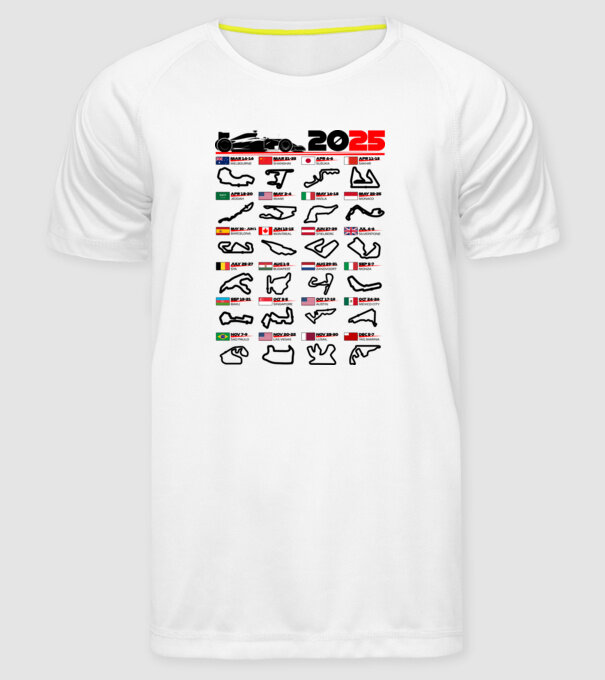 F1 calendar 2025 model alb pe tricou