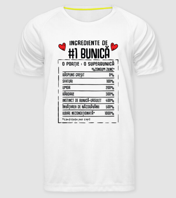 Ingrediente Bunică - o porție : o superbunică - %consum zilnic* răspuns greșit, sfaturi, umor, răbdare, instinct de bunică-ursul model alb pe tricou