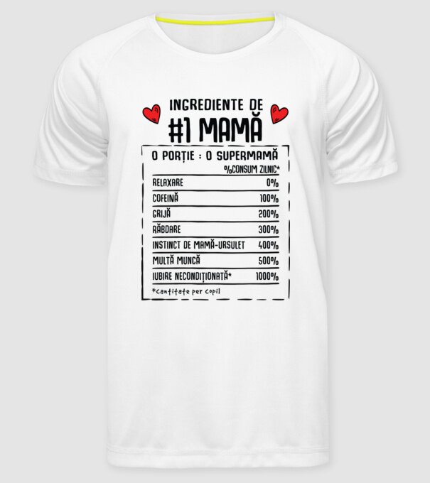 Ingrediente de Mamă - o porție : o supermamă - %consum zilnic* relaxare, cofeină, grijă, răbdare, instinct de mamă-ursuleț, mult model alb pe tricou