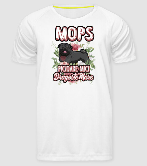 Mops negru picioare mici dragoste mare model alb pe tricou