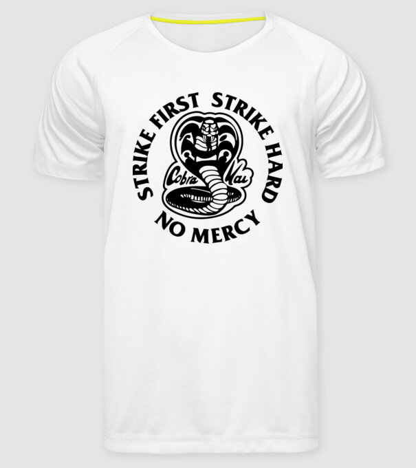 Strike first strike hard no mercy model alb pe tricou