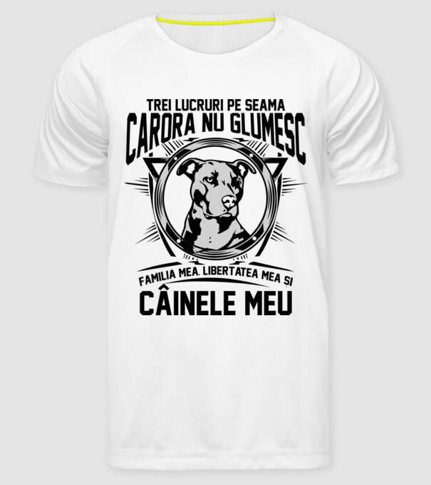 trei lucruri pe seama cărora nu glumesc: familia mea, libertatea mea și câinele meu model alb pe tricou