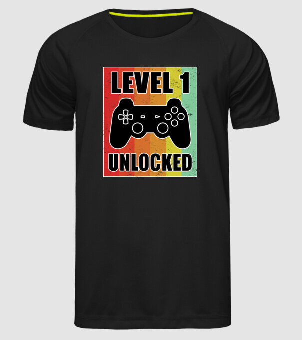 level 1 unlocked retro gamer model negru pe tricou
