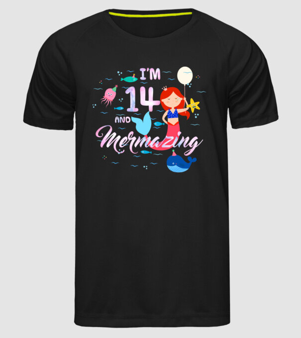 Mermazing Birthday 14 model negru pe tricou