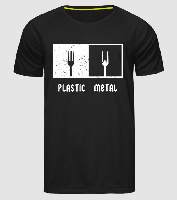 Plastic vs metal model negru pe tricou