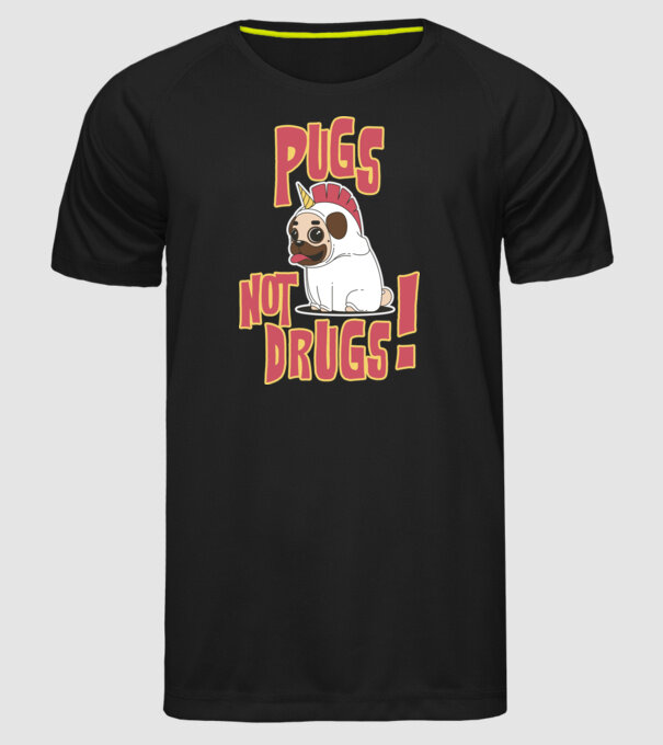 Pugs not drugs model negru pe tricou