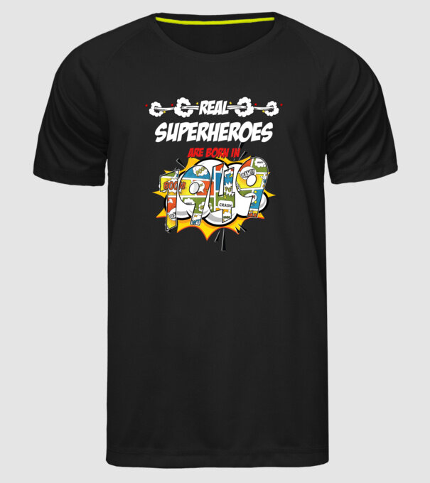 real superheroes are born in 1949 model negru pe tricou