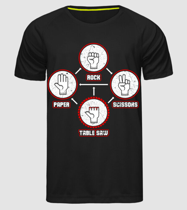 Rock Paper Scissors TABLE SAW model negru pe tricou