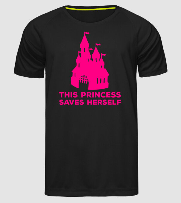 This princess saves herself model negru pe tricou