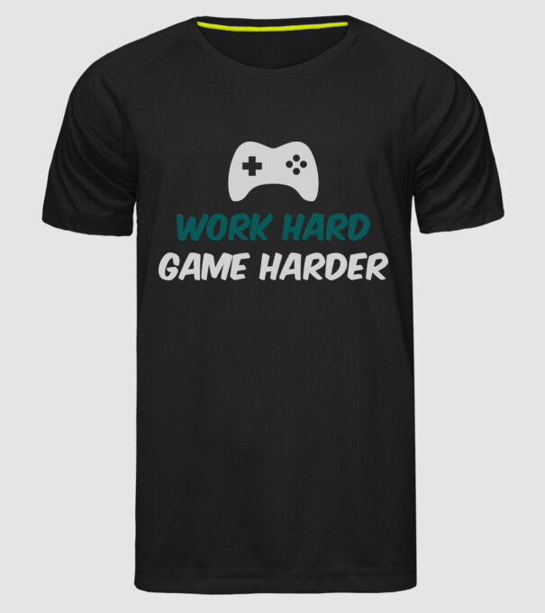 Work hard, game harder model negru pe tricou