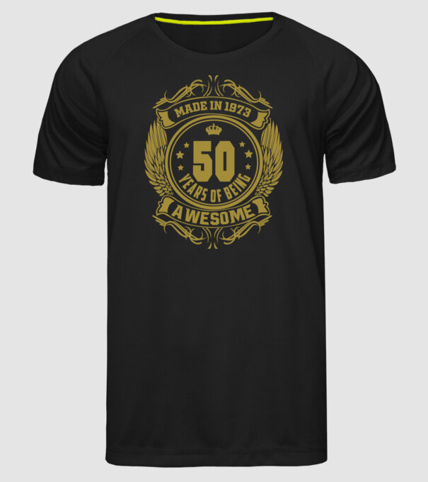 50 years of being awesome winged model negru pe tricou