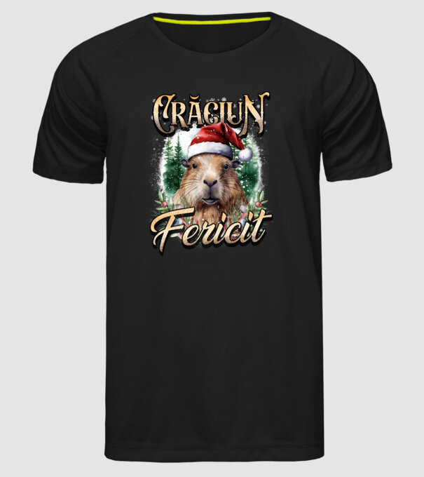 Capybara christmas model negru pe tricou