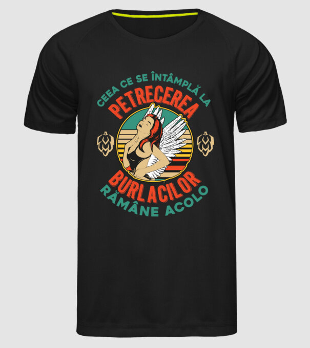 Ceea ce se întâmplă la petrecerea burlacilor rămâne la petrecerea burlacilor model negru pe tricou