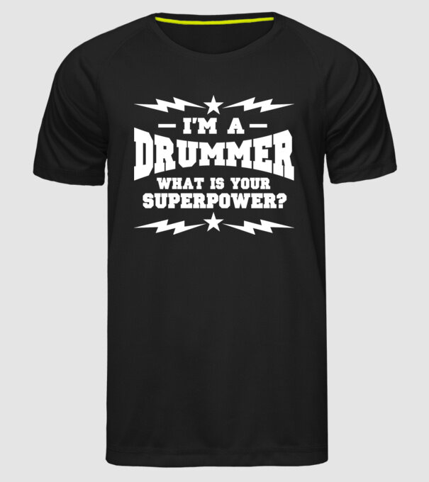 Drummer Superpower model negru pe tricou