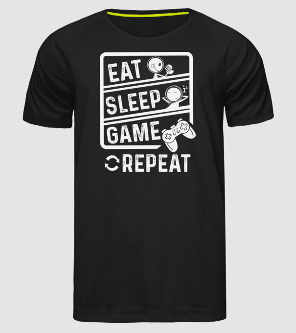Eat sleep game repeat model negru pe tricou
