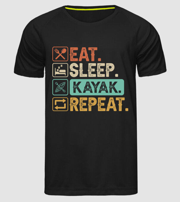 Eat Sleep Kayak model negru pe tricou