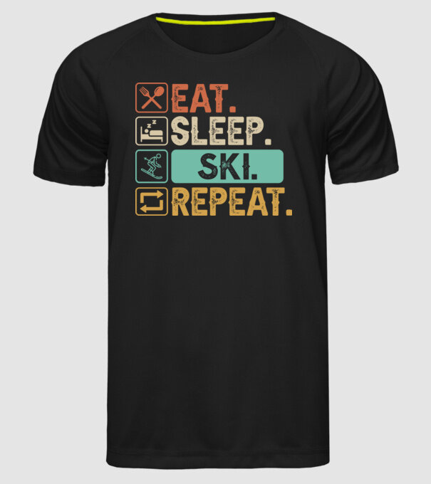Eat Sleep SKI Repeat model negru pe tricou