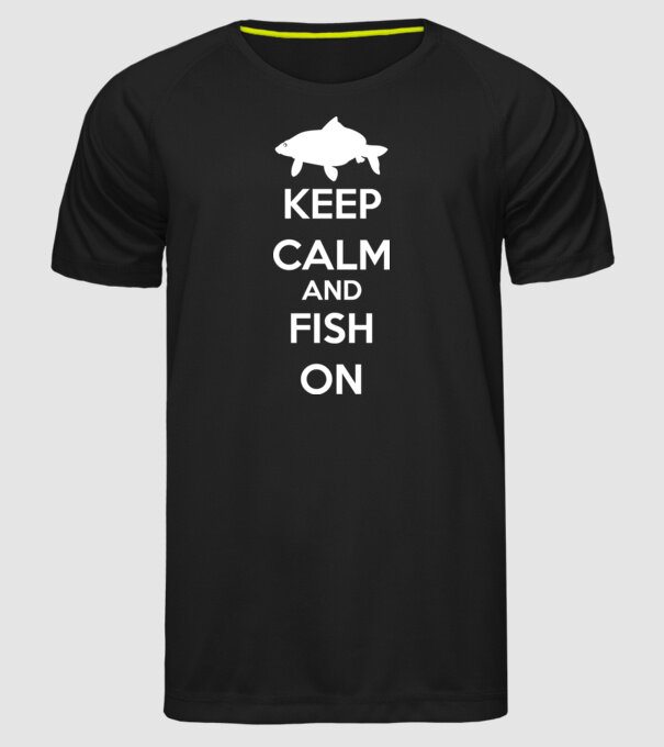 Keep calm and fish on model negru pe tricou