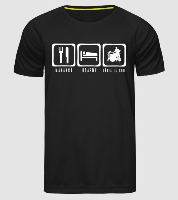 Mănâncă, doarme, cântă la tobe model negru pe tricou
