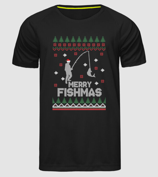 Merry Fishmas model negru pe tricou